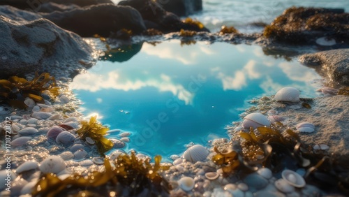 Seashells and seaweed adorn the shoreline with a stunning reflective pool of water mirroring the bright blue sky and fluffy clouds