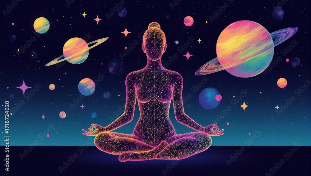 Fototapeta premium Meditating woman in lotus position with cosmic planets and stars, representing inner peace, mindfulness, and spiritual connection
