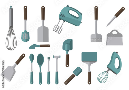 An assortment of teal and silver cooking utensils are arranged on a white background