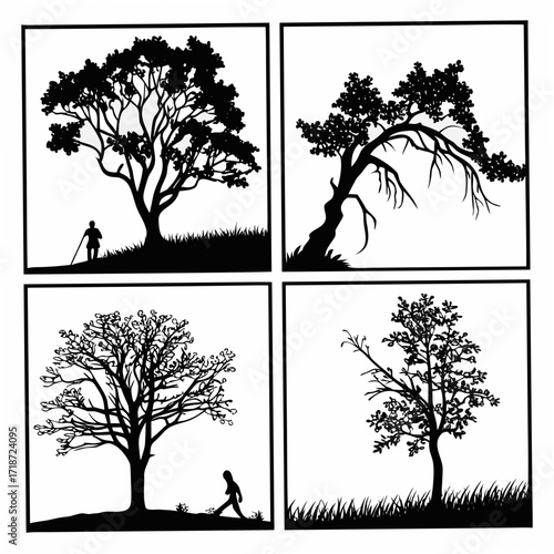 Silhouette panels of trees and people in outdoor settings