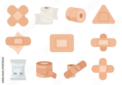 An assortment of wound care items like bandages tape and antiseptic wipes on a white background