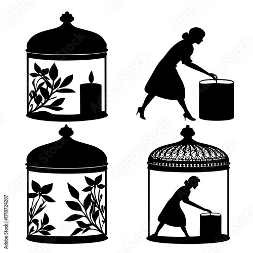 Silhouettes of decorative birdcages and women with candles