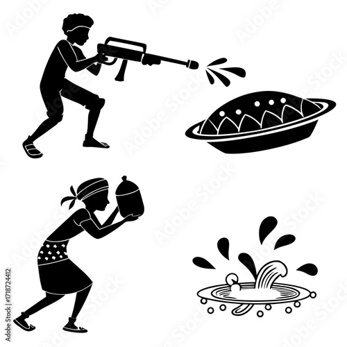 Silhouettes of people celebrating with water guns and traditional items Keywords: silhouette