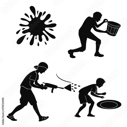 Silhouettes of people playing with water guns and a bucket