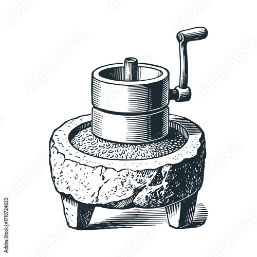 Vintage grinding stone hand mill – Black and White Icon Vector and Illustration