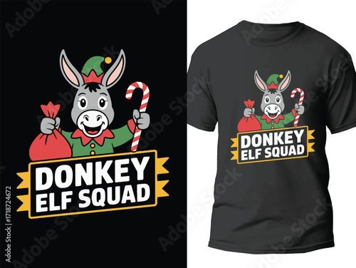 Donkey Elf Squad Christmas T-Shirt Design with Candy Cane Vector. Funny Donkey Lover Tee