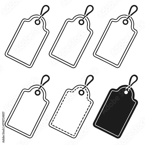 Six Blank Price Tags in Outline and Solid Black Styles