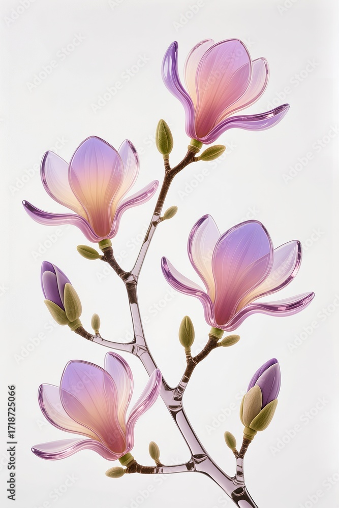Naklejka premium a branch of Gradient magnolia with 3D glass effect, modern digital art, white base