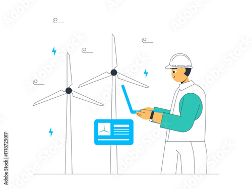 Maintenance of wind turbine system to produce maximum electric power by electrical engineer. Green energy vector illustration. Flat illustration.