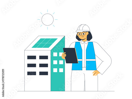 Woman who works as a solar panel technician controls the condition of incoming solar energy. Green energy vector illustration. Flat illustration.