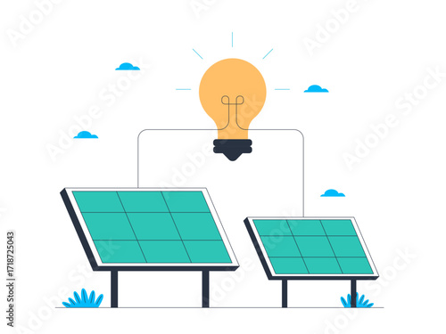 Two green solar panels solar power to convert sunlight into electrical energy as an innovation for various purposes. Green energy vector illustration. Flat illustration.