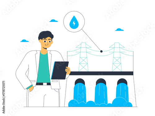 Electrician controls the flow of water flowing into the dam to be used as electric power. Green energy vector illustration. Flat illustration.
