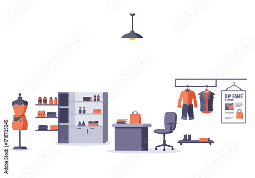 An Op Shop illustration featuring mannequins clothes racks furniture and shelving