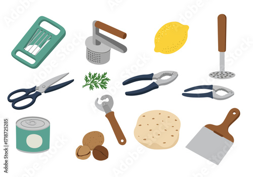 An overhead shot shows various kitchen tools including a can scissors and a lemon arranged on a white background