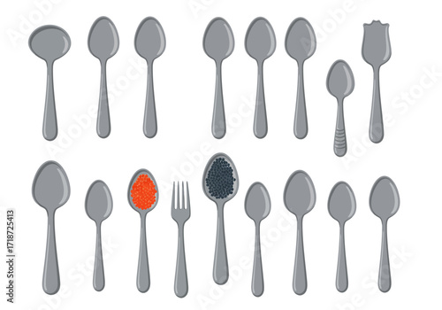 Array of gray metal spoons plus one fork some spoons are filled with red and black caviar