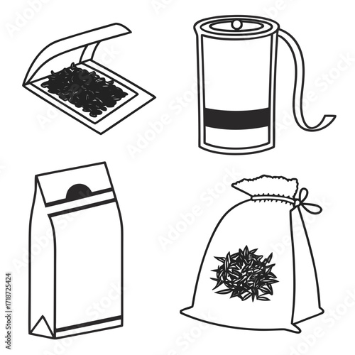 Tea Packaging and Brewing Icons Set Keywords: tea, coffee, beans, loose leaf, packaging, bag