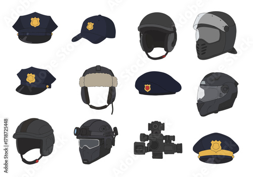 Array of headgear police military and recreational helmets along with a sight