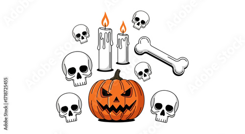Flat lay illustration of a carved Halloween pumpkin with lit candles and skulls against a white background, conveying a spooky autumnal mood.