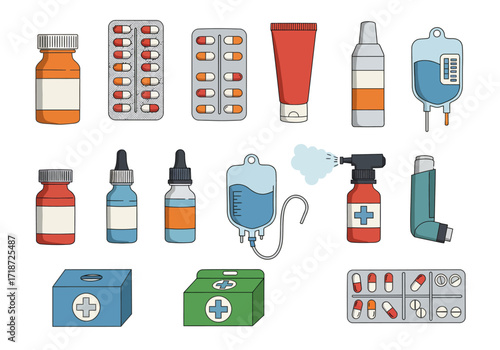 Array of medical supplies including medicine bottles IV drip inhaler and first aid kit boxes
