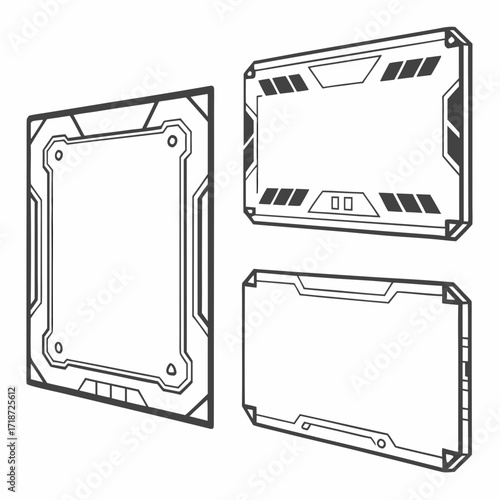 Three Futuristic Sci- Fi Frames In Outline On White