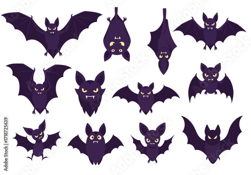 Assorted cartoon bats in various poses wings spread or folded