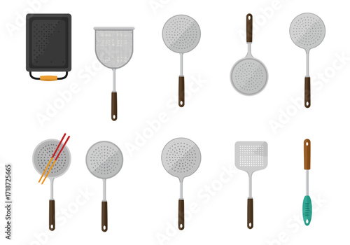 Assorted cooking utensils arranged in two rows on a white background