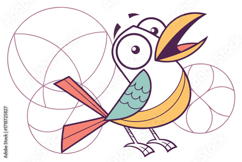 Exaggerated Cartoon Bird with Geometric Circles Keywords: bird, cartoon, exaggerated, eyes