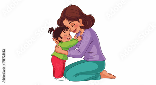 Close-up illustration of a loving mother embracing her toddler daughter, conveying a warm and tender mood against a clean white background.