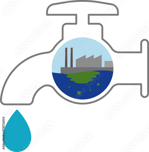 工場排水による水質汚染を表現した環境問題のベクターイラスト