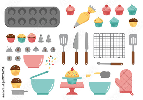 Baking tools  cupcakes a cupcake pan frosting bag cooling rack bowls utensils oven mitt  many cupcakes
