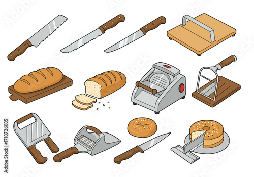 Breadslicing tools assorted breads and a bagel are arranged in an isometricstyle illustration