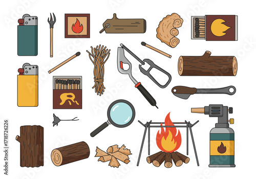 Camping gear lighters logs matches magnifying glass firestarter knife tinder and a campfire