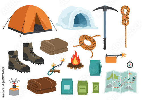 Camping gear tent igloo ice axe rope boots blankets stove fire food map compass and more