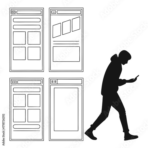 Website Wireframes And Silhouette Of Person On Phone