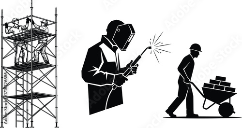Construction Workers on Scaffolding, Welder in Safety Gear, and Laborer Pushing Wheelbarrow with Bricks – Vector Silhouettes