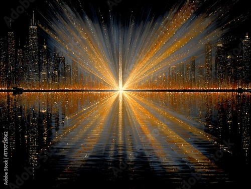 Golden light bursts from the city skyline reflecting off the water creating a beautiful abstract effect.
