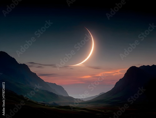A crescent moon brightly illuminates the dark blue sky above a majestic mountain landscape at twilight hour.
