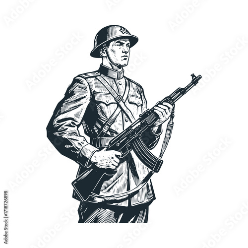 Soviet propaganda soldier – Black and White Icon Vector and Illustration	