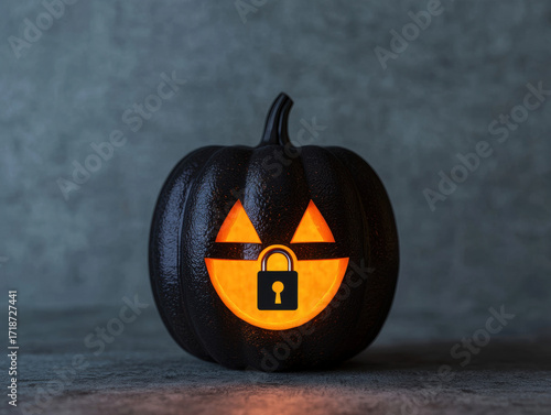 Halloween cyber security technology concept with glowing black pumpkin and padlock symbol creating spooky digital protection atmosphere
