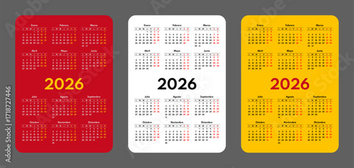 2026 pocket calendar set, simple vertical calendar design template, spanish language month names, two weekends, monday first, spain flag colors