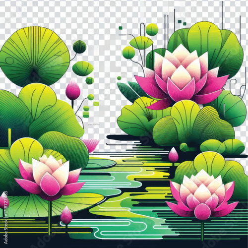 Beautiful lotus flowers blooming in a serene pond with vibrant green leaves.