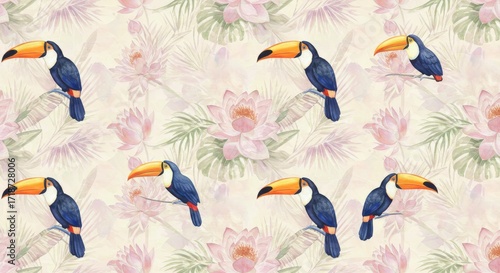 Watercolor Toucans and Lotus Flowers Seamless Pattern.