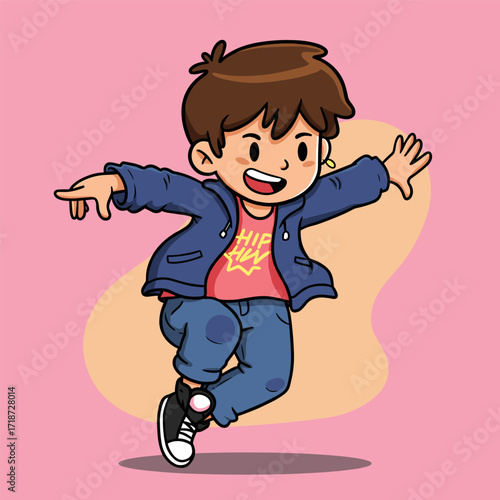 Cartoon-style dancer with brown hair wearing a blue jacket, red “HIP HOP” shirt, patched jeans, and sneakers, striking a dynamic pose on a pink background.