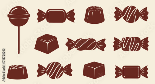 Chocolate Candies Icon Set, Variety of Brown Chocolates, Sweet Treat Collection
