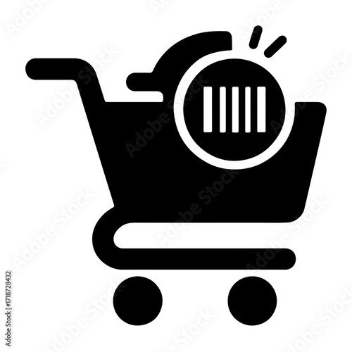 Smart shopping cart icon, barcode scanner retail, digital commerce app, automated checkout system, e-commerce technology, retail scanner tool