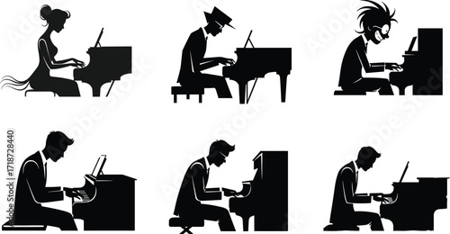 Silhouette pianist playing piano, musician performing on grand piano, classical music performance illustration, artistic musician figure, black and white artwork design