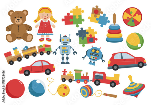 Childs toys a bear doll robot car puzzles  balls spread across a white background