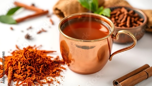 Spiced masala tea in copper cup, aromatic steam visible, product-focused on white background