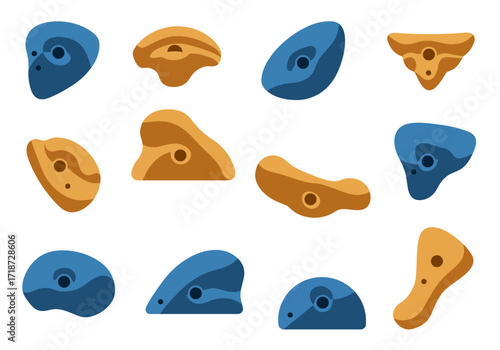 Climbing wall holds blue and brown various shapes with holes