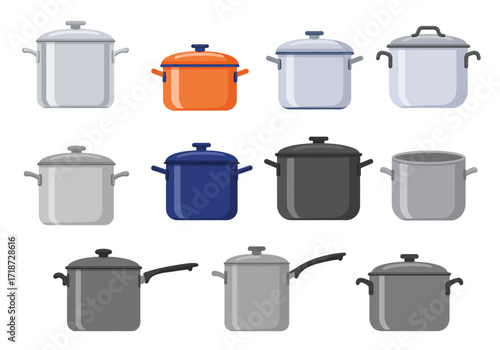 Collection of cookware various sizes and colors pots and pans